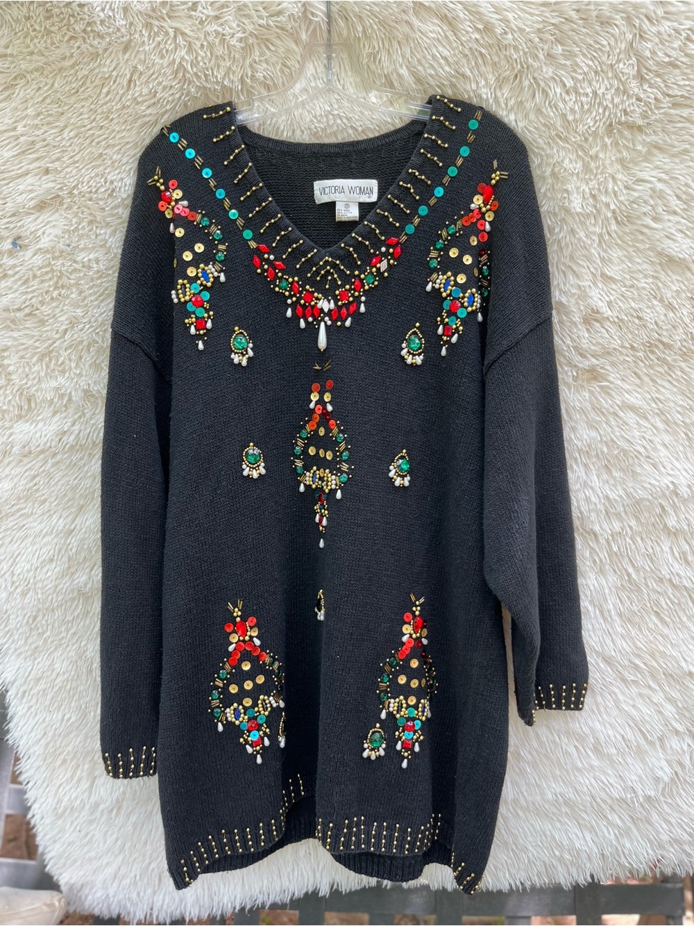 Victoria Woman Black Embellished V-Neck Sweater. 2X